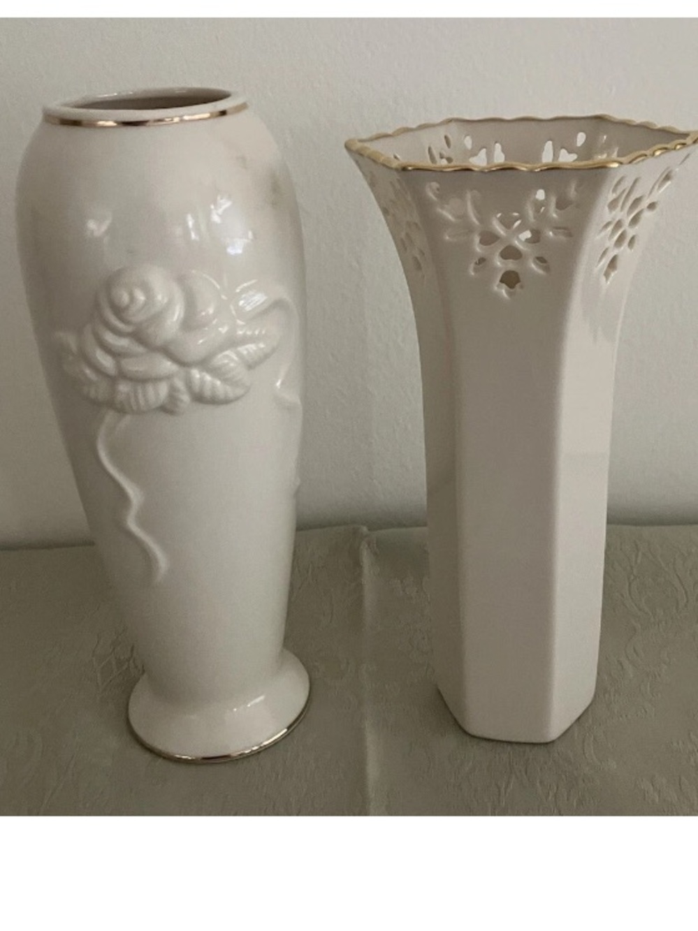 LENOX Lot of 2 Floral Cut Out Gold Trim & Rose Blossom Gold Trim Vase